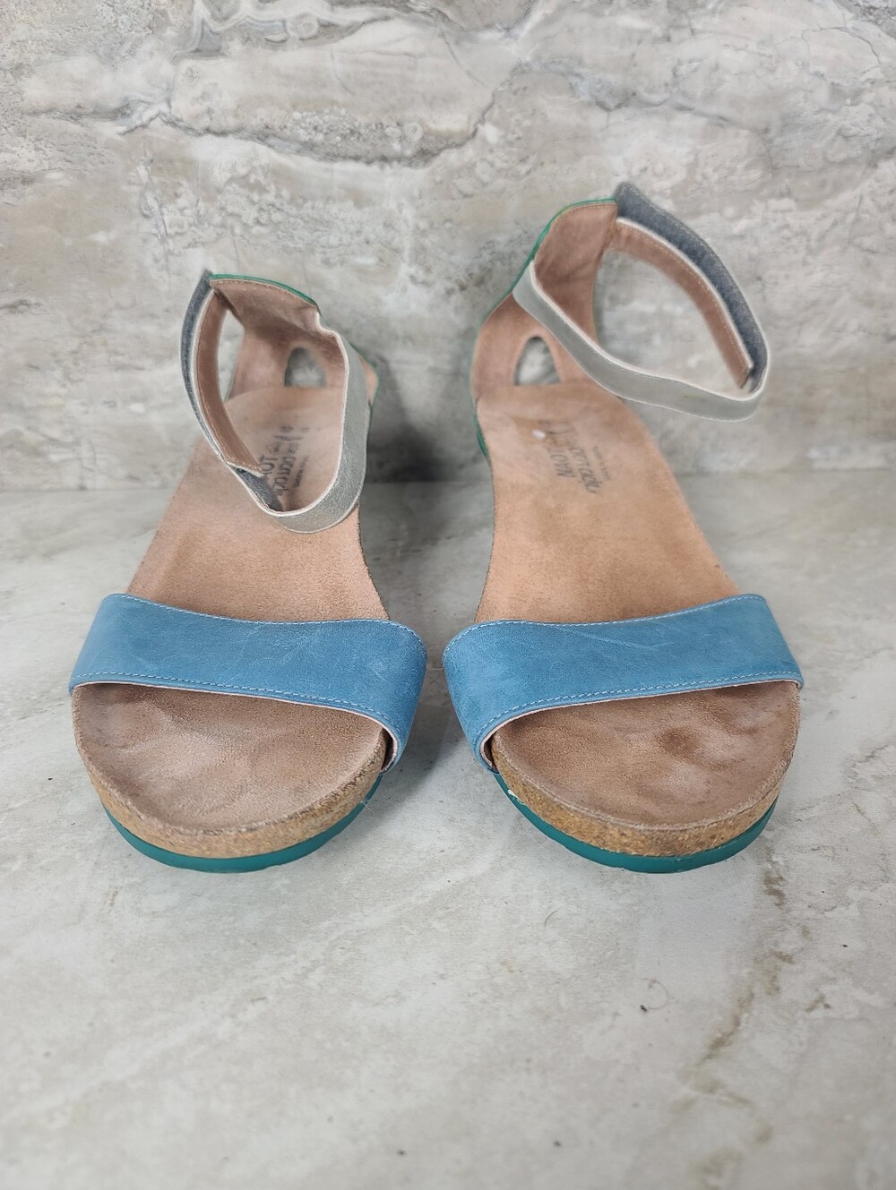 Naot PIXIE Blue Green Silver Pewter Colorblock Leather Wedge Sandals 9 - Picture 4 of 14